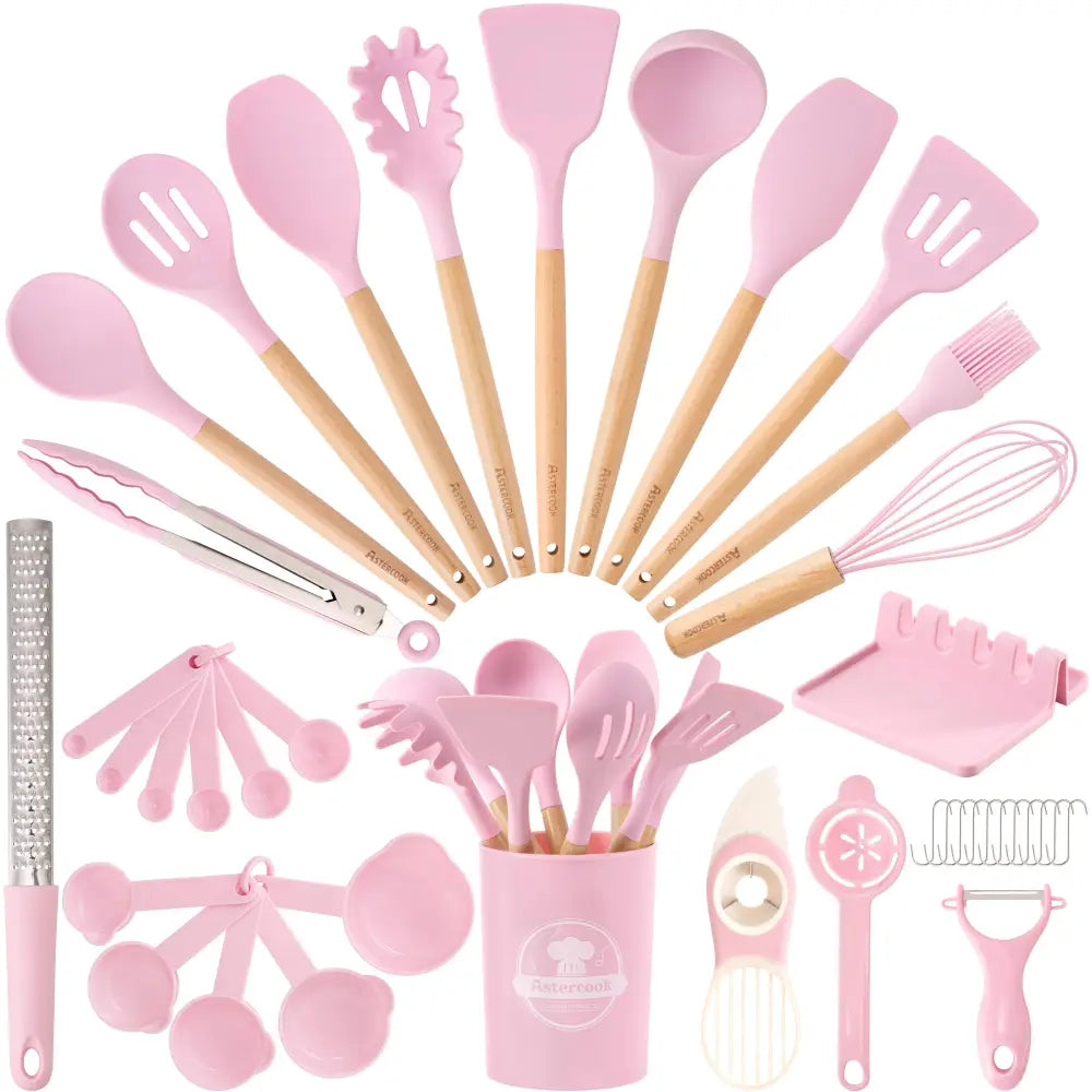 Astercook All-in-One Silicone Utensil Collection with Wooden Handle, Neutral Black & Cream Tools for a Clean