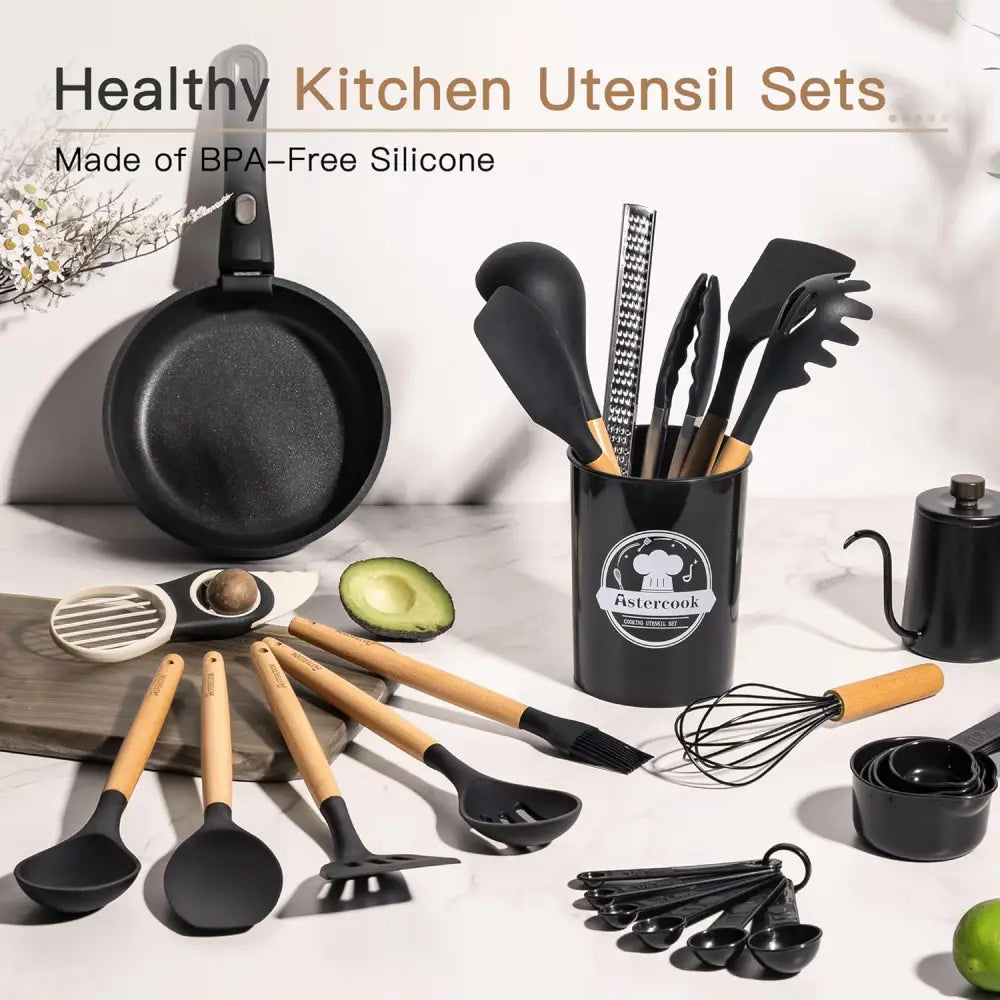 Astercook All-in-One Silicone Utensil Collection with Wooden Handle, Neutral Black & Cream Tools for a Clean