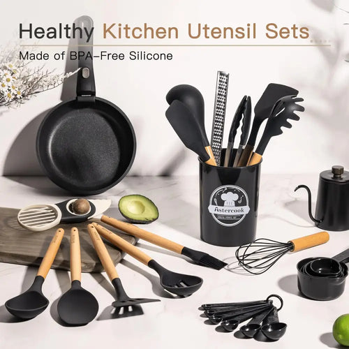 Astercook All-in-One Silicone Utensil Collection with Wooden Handle, Neutral Black & Cream Tools for a Clean