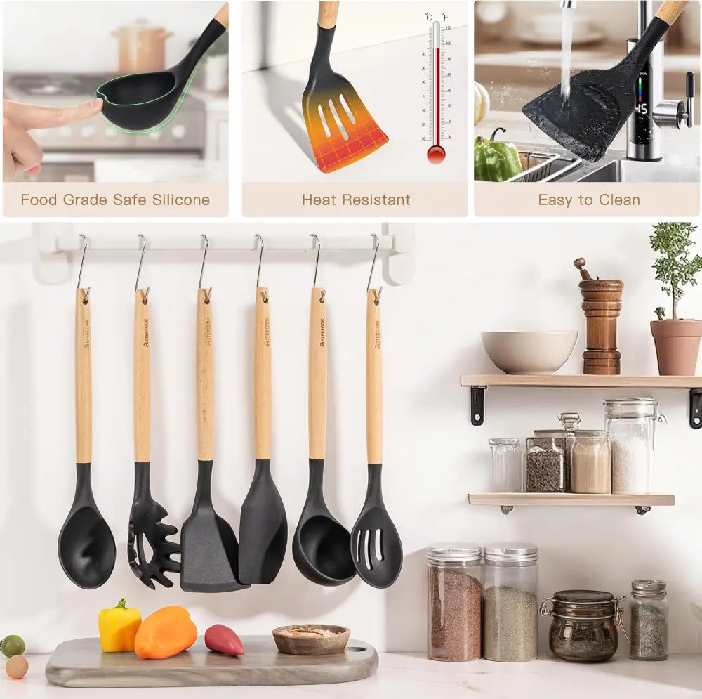 Astercook All-in-One Silicone Utensil Collection with Wooden Handle, Neutral Black & Cream Tools for a Clean