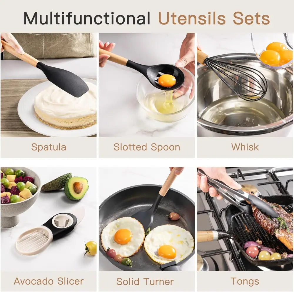 Astercook All-in-One Silicone Utensil Collection with Wooden Handle, Neutral Black & Cream Tools for a Clean