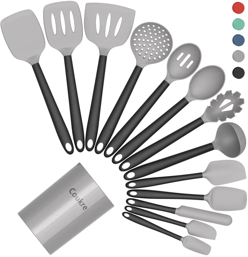 Coukre Silicone Kitchen Tools – Clutter-Free Kitchen Drawer Storage 14 Essential Pieces in One Coordinated Set - Gray