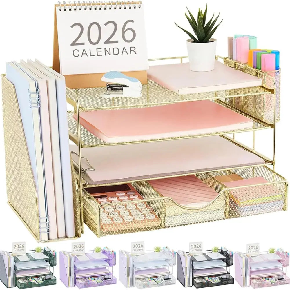 gianotter Rose Gold 4-Tier Mesh Desk Organizer with Drawer – Aesthetic Office Desk Decor for Bedroom Vanity - Gold - 4T