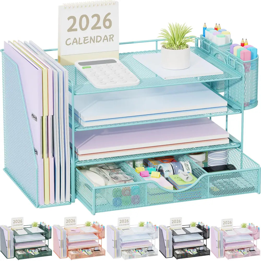 gianotter Rose Gold 4-Tier Mesh Desk Organizer with Drawer – Aesthetic Office Desk Decor for Bedroom Vanity - Blue - 4T