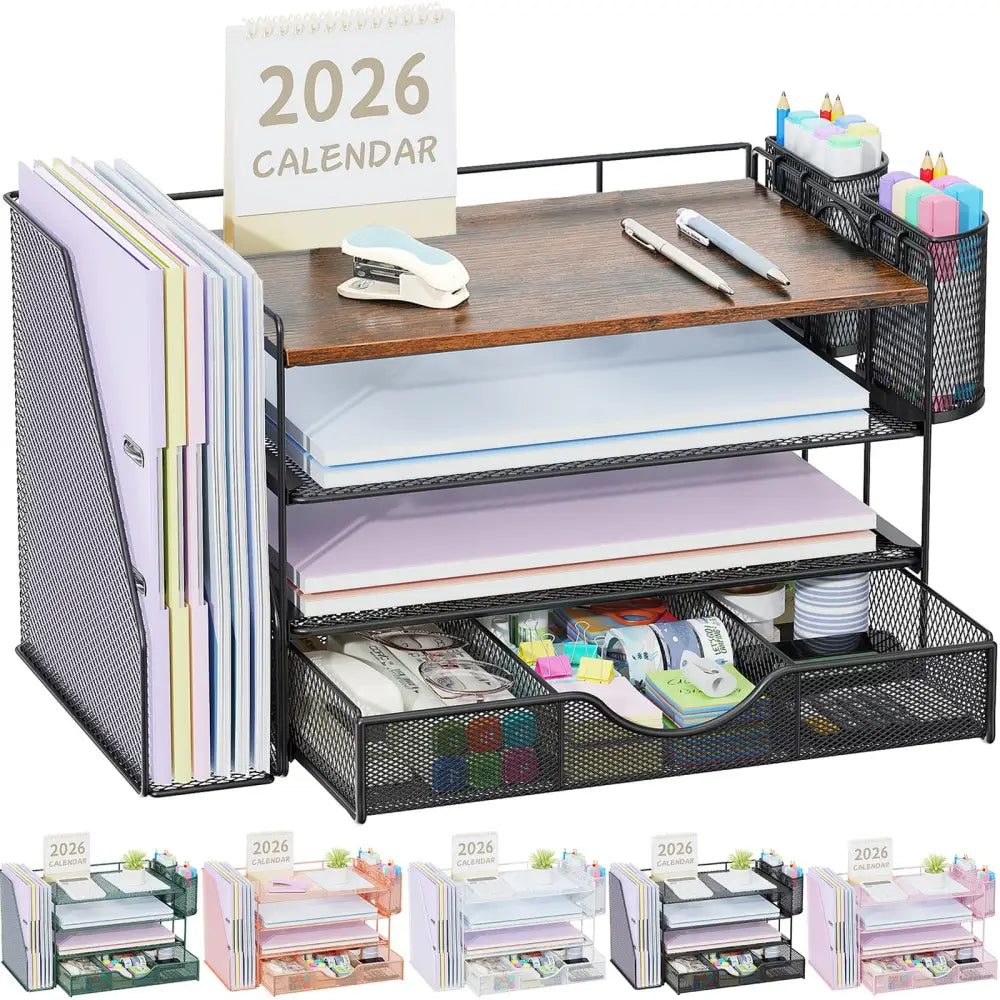 gianotter Rose Gold 4-Tier Mesh Desk Organizer with Drawer – Aesthetic Office Desk Decor for Bedroom Vanity - Wood - 4T