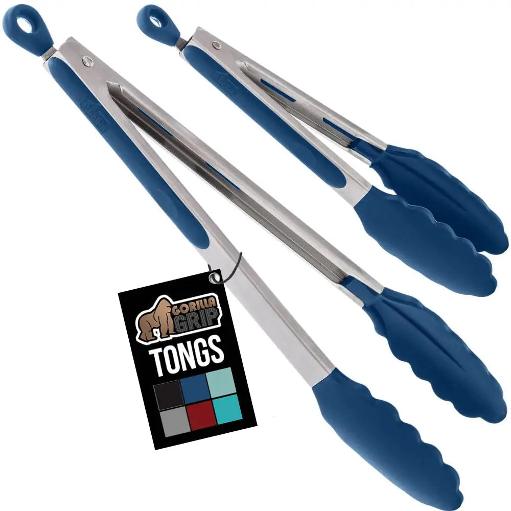 GORILLA GRIP Kitchen Tongs Set – Holiday Gift for Her Nonstick Safe Silicone Tips in 6 Colors 2-Pack - Blue - 7’’ + 9’’