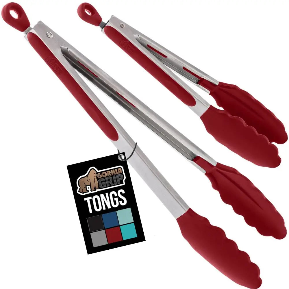 GORILLA GRIP Kitchen Tongs Set – Holiday Gift for Her Nonstick Safe Silicone Tips in 6 Colors 2-Pack - Red - 7’’ + 9’’